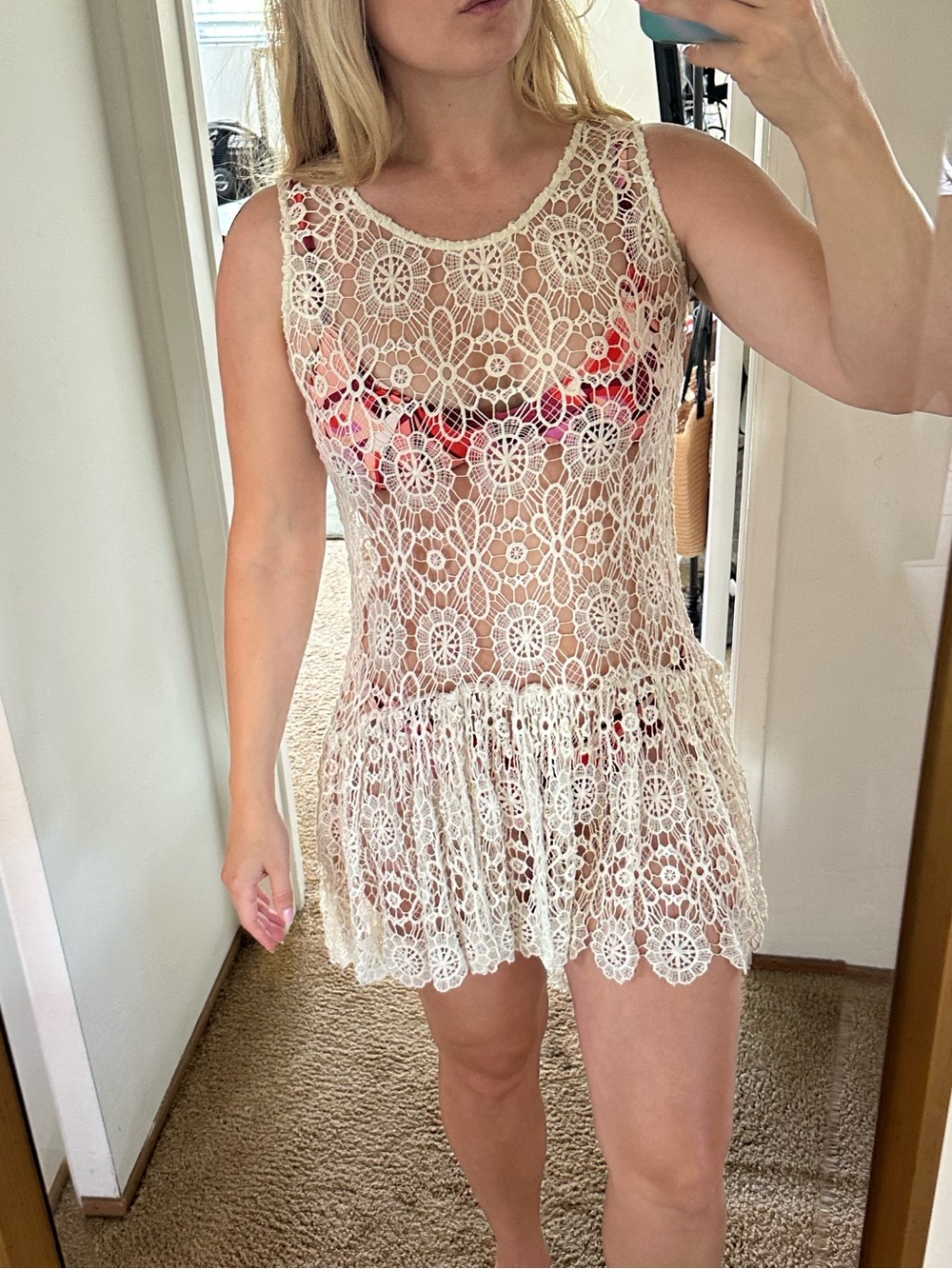 Stunning floral daisy Crochet Lace Swim beach Cover-Up Dress in Cream